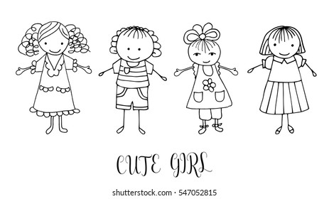 Set of children drawing a girls. The template for the painting. Hand drawn girls in a funny kids style. Cartoon. Doodles. Vector illustration isolated on white background.