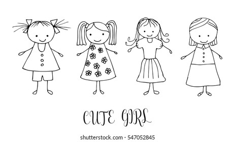 Set of children drawing a girls. The template for the painting. Hand drawn girls in a funny kids style. Cartoon. Doodles. Vector illustration isolated on white background.