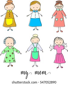 Set of children drawing a mother. The template for the painting. Hand drawn mom in a funny kids style. Cartoon. Doodles. Vector illustration isolated on white background.
