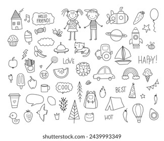 A set of children drawings. Hand drawn set of cute doodles for decoration on white background