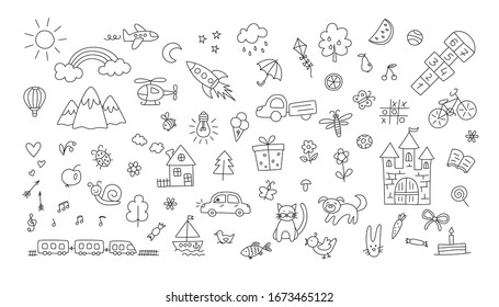 A set of children drawings. Kid doodle. Sun and rainbow over the mountains, knight castle, the boat on the waves and other objects. Vector illustration. Editable stroke