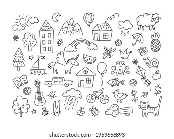 A set of children drawings. Kid doodle. Sun in the clouds, summer flowers and trees, painted houses, cute cat and other black white elements. Vector illustration on white background. Editable stroke