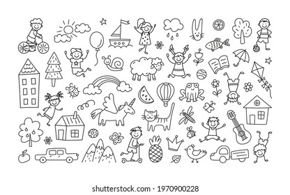 A set children drawings  Kid doodle  Children playing   jumping  painted houses  unicorn  cute cat   other black white elements  Vector illustration white background  Editable stroke