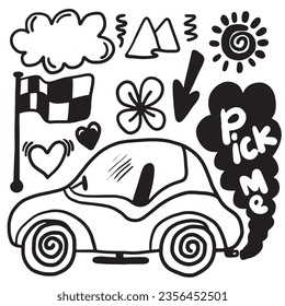set of children drawings. Kid doodle. car, heart, cloud and other.