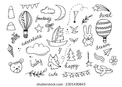 A set of children drawings. Kid doodle.clouds, summer flowers and trees, air balloons, cute rabbit and other black white elements. Vector illustration on white background