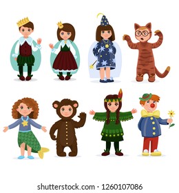 Set of Children dressed in carnival costumes of a Wizard,  Clown, Fairy,  Mermaid and a Bear. Boy and girl. New Year costume, masquerade, party.  Vector illustration.