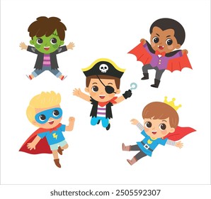 Set of Children dressed in Halloween costumes to go Trick or Treating. Cute kids in Witch, prince, pirate, mermaid, Hero, Devil , cat and spooky pumpkin. Characters in spooky holiday.