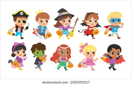 Set of Children dressed in Halloween costumes to go Trick or Treating. Cute kids in Witch, prince, pirate, mermaid, Hero, Devil , cat and spooky pumpkin. Characters in spooky holiday.