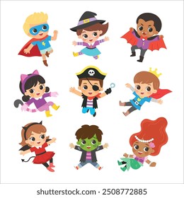 Set of Children dressed in Halloween costumes to go Trick or Treating. Kids in Witch, prince, pirate, mermaid, Hero, Devil , cat and spooky pumpkin. Characters in spooky holiday.