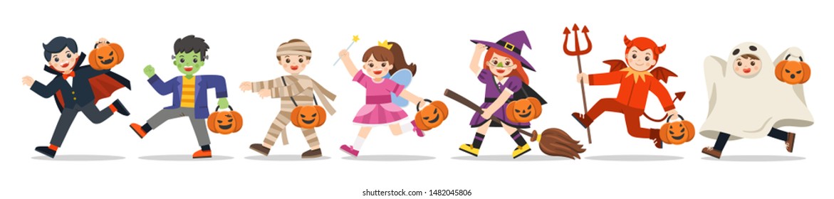 Set of Children dressed in Halloween fancy dress to go Trick or Treating. Happy Halloween.