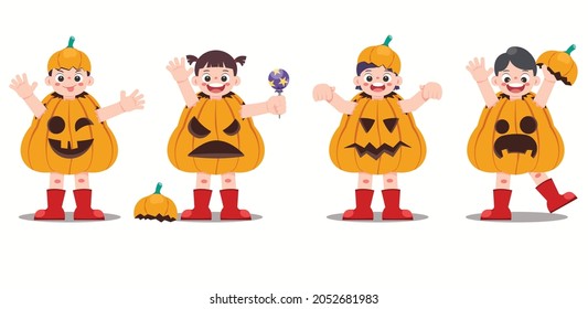 Set of Children dressed in Halloween pumpkindress to go Trick or Treating. Happy Halloween.
