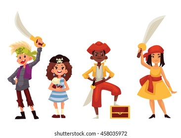 Set of children dressed as pirates, cartoon style vector illustration isolated on white background. Boys girls in pirate fancy dresses with swords and treasure chest, kids on Halloween birthday party