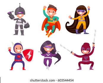 Set of children dressed in superhero costumes on a white background. Vector illustration in a flat style