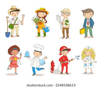 set of children dressed as various professionals, including a farmer, gardener, architect, businessman, fashion designer, chef, firefighter, and nurse.