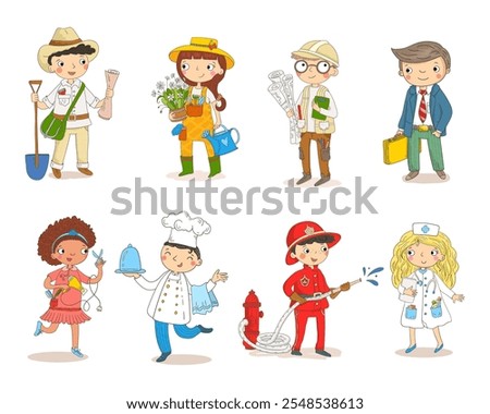 set of children dressed as various professionals, including a farmer, gardener, architect, businessman, fashion designer, chef, firefighter, and nurse.