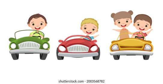Set. Children drive a car. Kids. Boys and girl. Childrens pedal or electro automobile. Toy vehicle. With a motor. Good passenger car. Isolated over white background. Vector