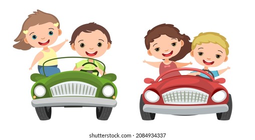 Set. Children drive a car. Kids. Race. Childrens pedal or electro automobile. Toy vehicle. With a motor. Good passenger car. Isolated over white background. Vector.