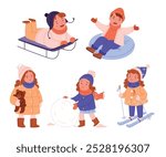 Set of children during winter fun.A boy on a sled.The girl is skiing.Boy on tubing.