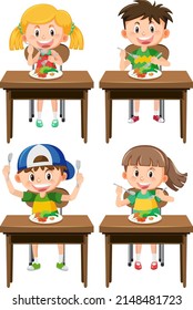 Set of children eating healthy breakfast illustration
