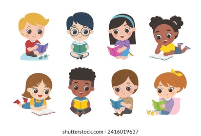 Set of Children Education. Cute boy and girl are relaxing and enjoying reading books on the floor.