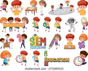 Set of children with education objects illustration