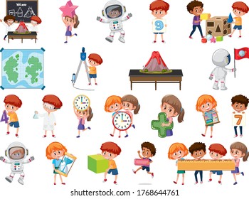 Set of children with education objects isolated illustration