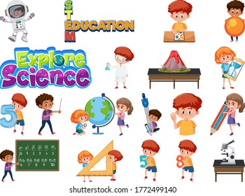 Set of children with education objects isolated illustration