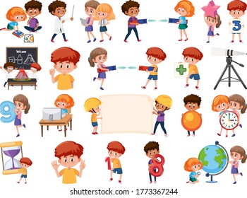 Set of children with education objects isolated illustration