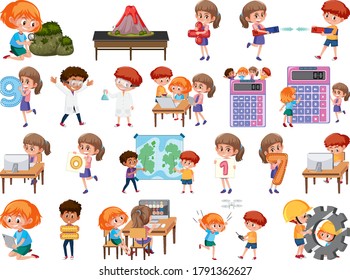 Set of children with education objects isolated illustration