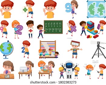 Set of children with education objects isolated illustration