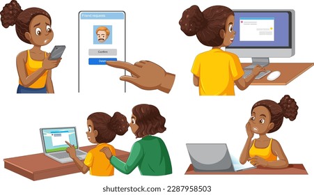 Conjunto de niños con dispositivos electrónicos en la ilustración de medios sociales