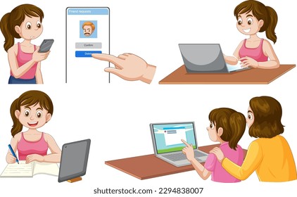 Set of children with electronic devices on social media illustration