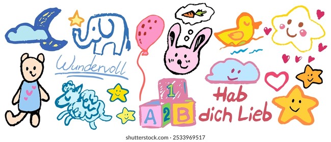 Set of children element. Star, cloud and more. Hand written « wonderful“ and “I
love you” in German. Vector, isolated Grafik with texture and nice colors