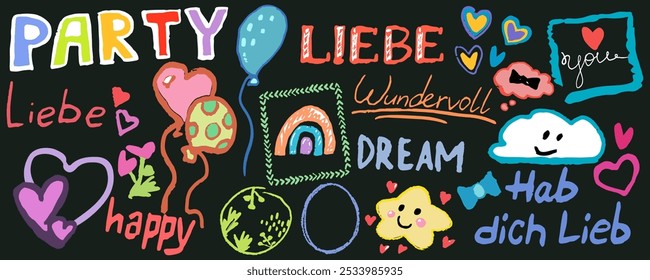 Set of children element. Star, cloud, harts, ballon’s, rainbow  and more. Hand written “party”, « wonderful“, “love” and “I love you” in German. Vector, isolated Grafik with texture and bright colors