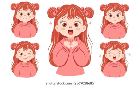 Set of children emotions. Cute little girl with long pink hair. Expressions - surprised, resentful, happy, sad, angry, joy and others. Vector illustrations on white background.