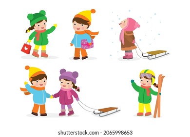 Conjunto de niños dedicados a actividades de invierno, juegos. Los niños se regalan mutuamente. Niña pequeña coge copas de nieve con lengua. Los mejores amigos salieron a dormir. Un adolescente feliz sostiene esquís. Ilustración del vector