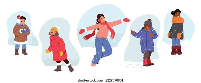 Set of Children Enjoy First Snow. Little Girls and Boys Characters Wear Warm Clothes Playing with Falling Snowflakes at Winter Time. Christmas Vacation Fun Concept. Cartoon People Vector Illustration