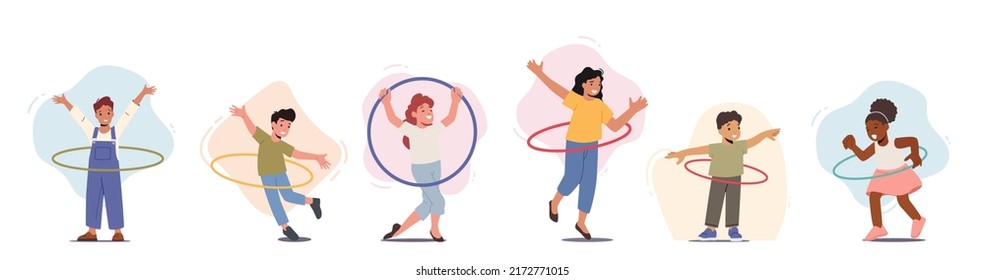 Set of Children Exercising with Hula Hoop, Little Male or Female Characters Rolling Rings on Waist. Recreation, Outdoor or Indoor Activity, Kids Active Sparetime. Cartoon People Vector Illustration