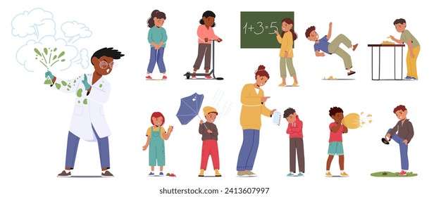 Un Conjunto De Niños Experimenta Fracasos Y Errores. Personajes Para Niños Frustrados. El chico se mete en el popó, sostiene un paraguas roto, se desliza sobre una cáscara de plátano, la chica se humedece. Ilustración de vectores de personas de caricatura
