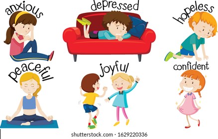 Set of children expressing feelings with adjective words illustration