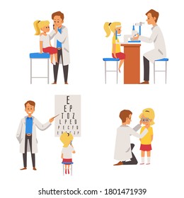 Set of children eye vision checkup in ophthalmological clinic. Doctor conducting eyesight examination of child, flat vector illustration isolated on white background.