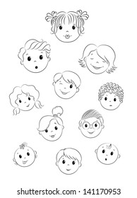 Set of children faces. Vector contour.