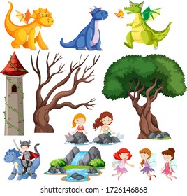 Set of children is fairy tale castle and dragon  illustration