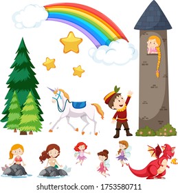 Set of children is fairy tale castle and dragon with rainbow in the sky illustration