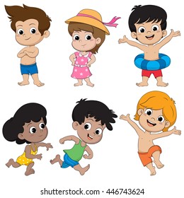 set of children feeling happy on the beach.vector and illustration.
