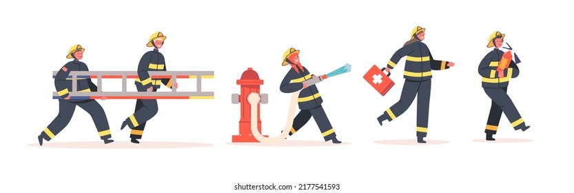 Set of Children Fire Fighters Characters in Uniform Holding Ladder, First Aid Kit, Extinguisher, Spraying Water from Hose. Kids Firemen Team Fighting with Blaze. Cartoon People Vector Illustration