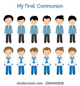 Set Children With First Communion Suit. Isolated Vector	