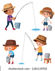 Set of children fishing illustration