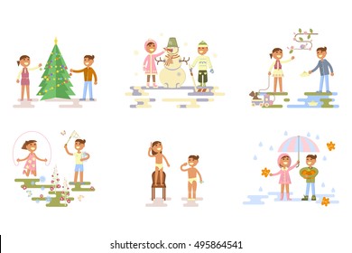 Set with children. Flat design, boy and girl in different places, poses and seasons. Autumn, winter, spring, summer. Cartoon characters, illustration vector