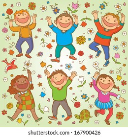 Set of Children with flowers and animals. Children illustration for School books, pictures books, magazines, advertising and more. Separate Objects. VECTOR.